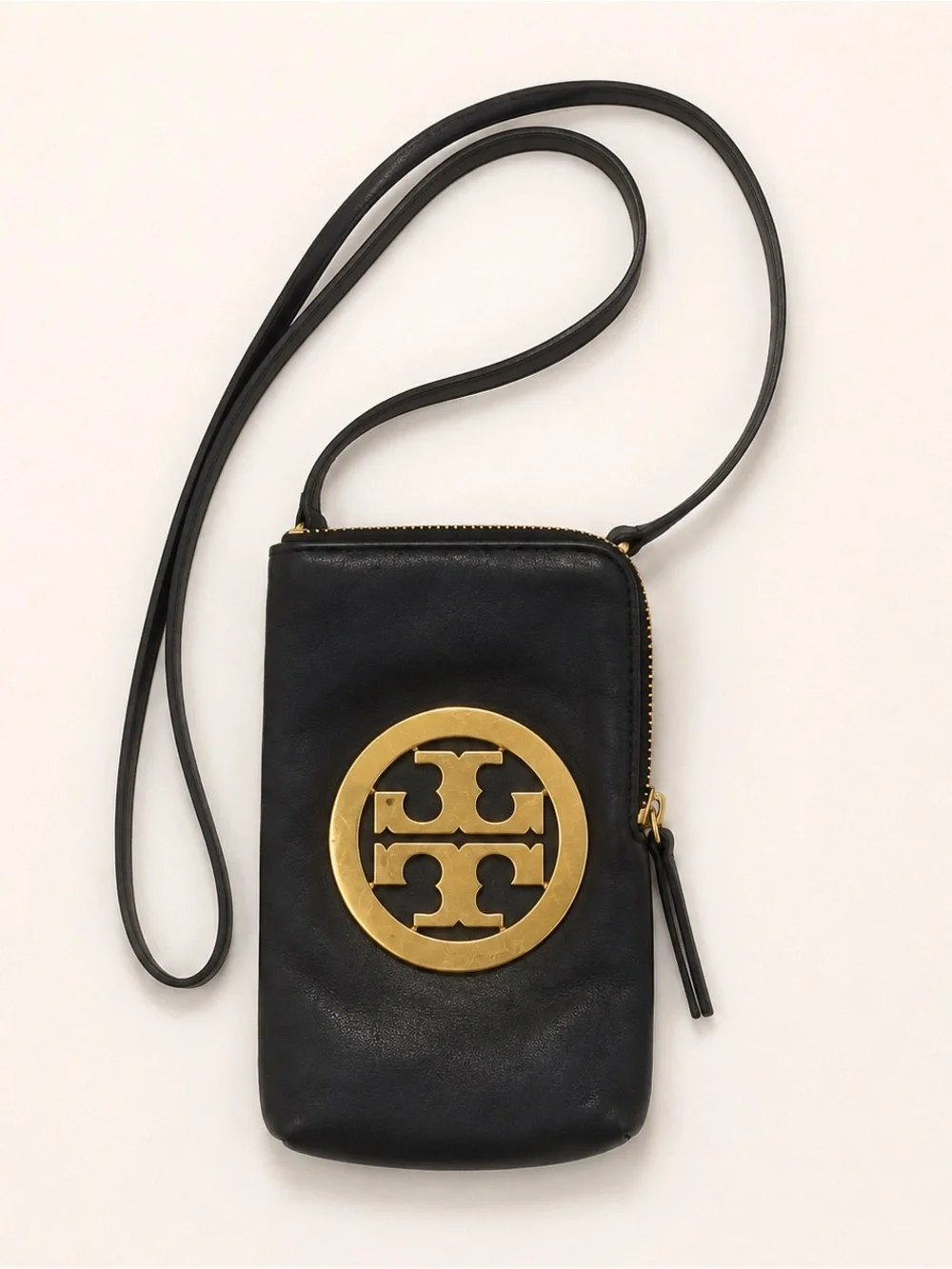 Tory Burch Black Leather Crossbody Phone Pouch with Gold Logo